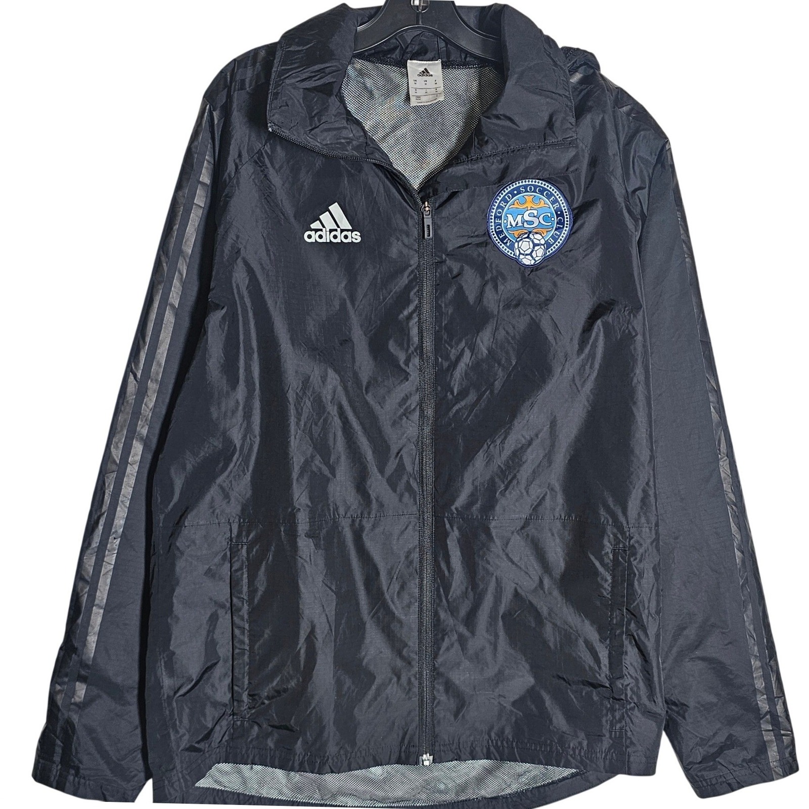 Adidas Medford Soccer Club Windbreaker Jacket Mens Medium Black Full Zip Hooded